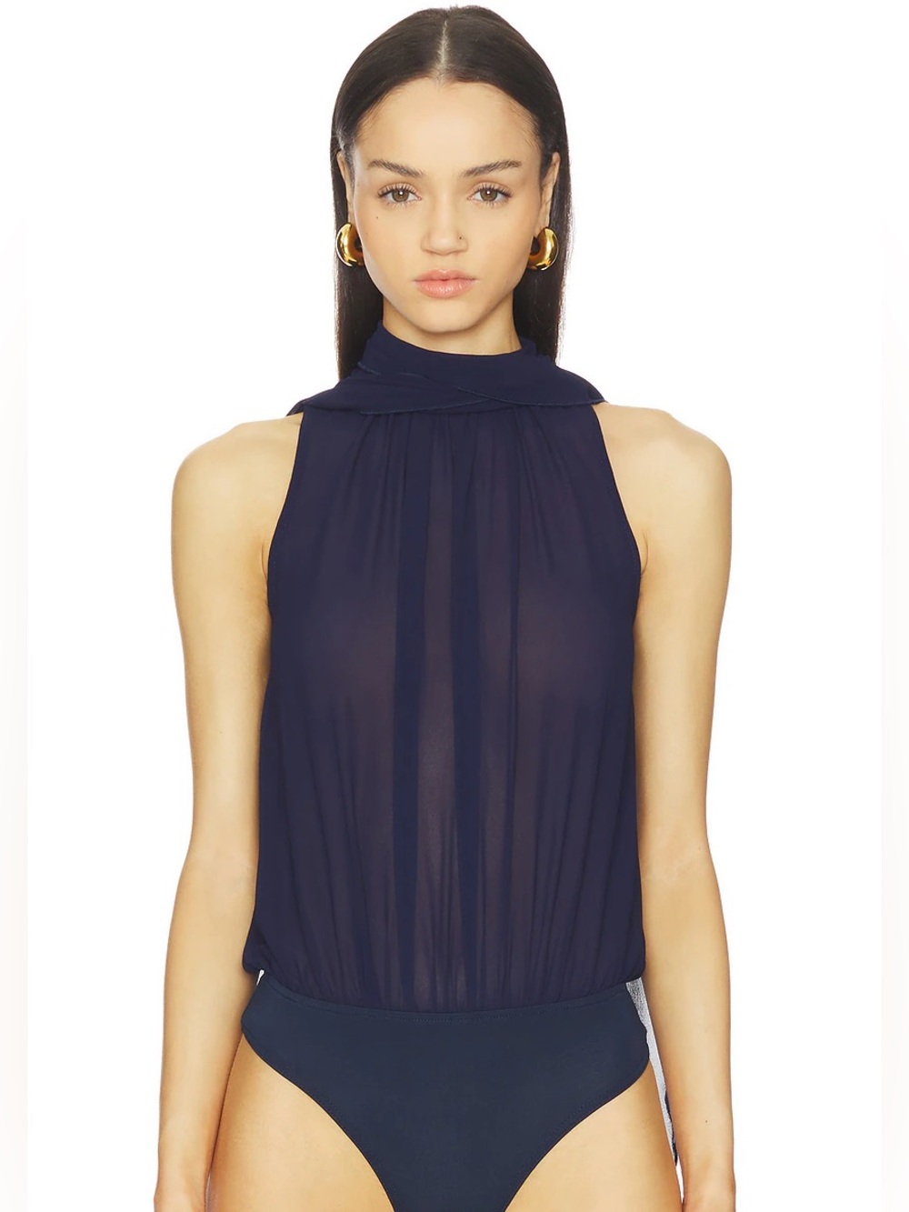 High-Neck Navy Sleeveless Chiffon Bodysuit
